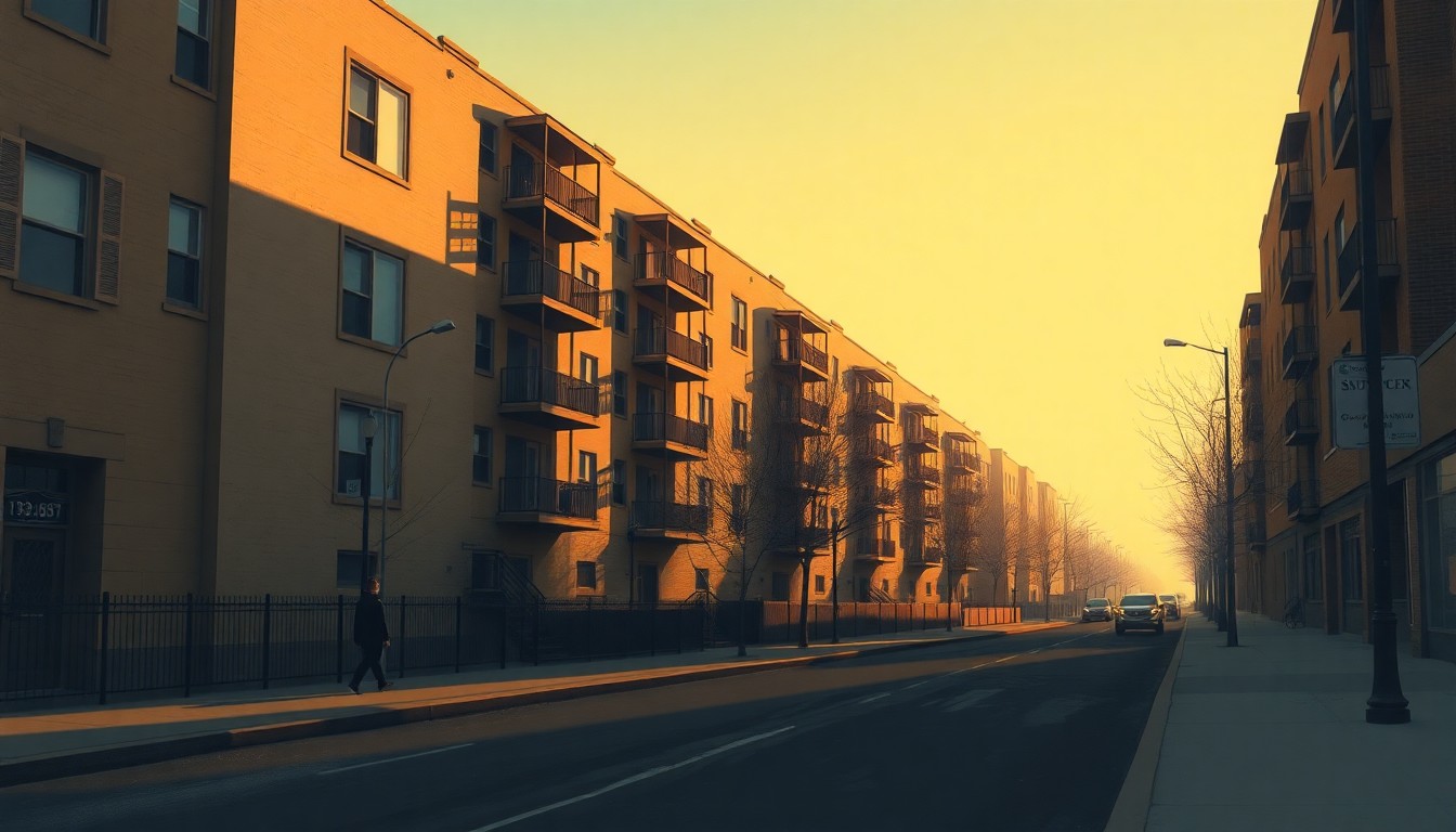 A serene urban landscape painting featuring a pedestrian walking past a newly renovated affordable housing complex, with warm sunlight and deep shadows creating a contemplative, cinematic mood.
