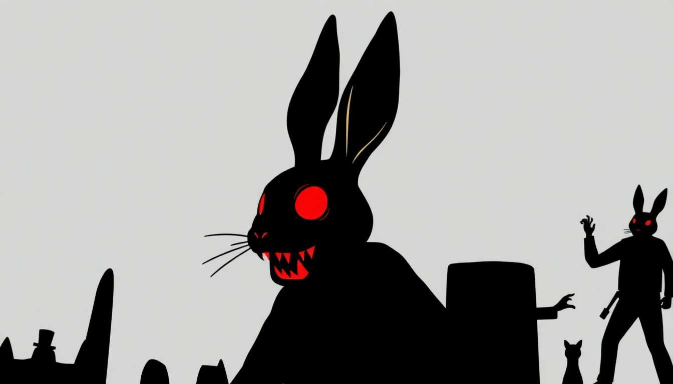 An abstract, minimalist illustration featuring jagged, geometric black silhouettes and shapes, conceptually representing the dangerous and unsettling nature of the Exquisite Corpses franchise's murderous mascot character, Rascal Randy.