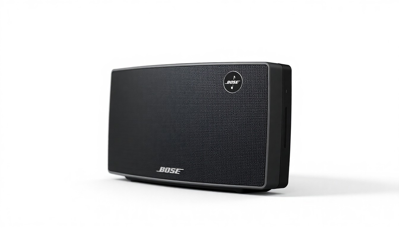 An extreme close-up of the Bose SoundLink Flex Bluetooth speaker, showcasing its minimalist, industrial design with clean lines and a matte black or grey finish, conceptually representing its rugged durability and versatility for outdoor use.