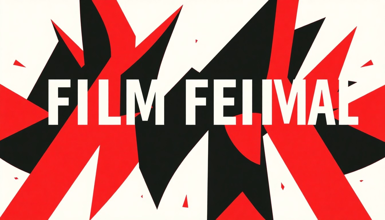 An abstract, minimalist illustration composed of bold, jagged shapes in red, black, and white, conceptually representing the energy and excitement of a major film festival.