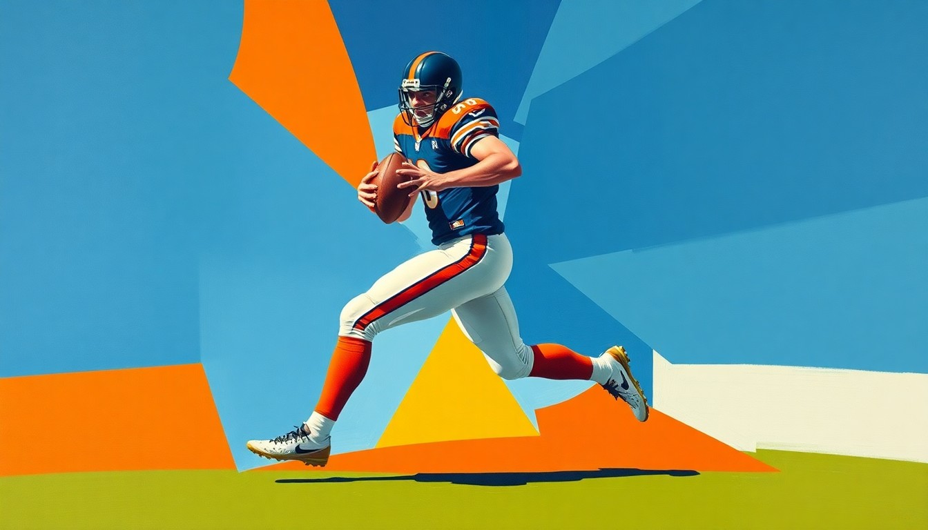 A cubist-style painting depicting a football player in mid-stride, broken down into sharp, overlapping geometric shapes in navy blue, orange, and white, conveying the competitive nature of the NFL draft and the challenges facing undrafted players.