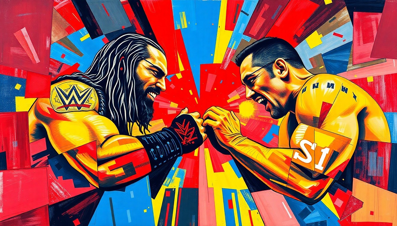 A cubist, geometric painting depicting a wrestling match between two figures, their bodies and movements fractured and deconstructed into sharp, overlapping planes of vibrant red, blue, and yellow colors, conceptually representing the tensions and power dynamics within the professional wrestling industry.