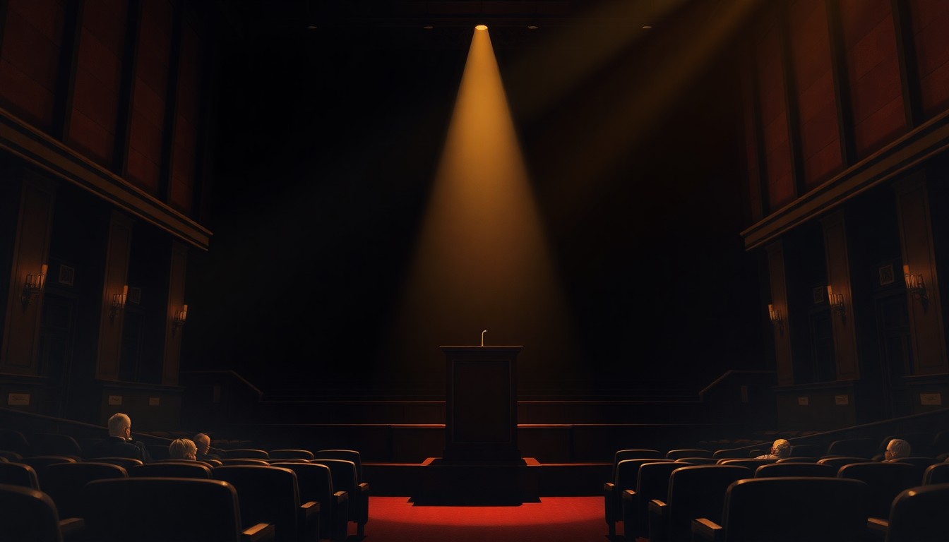 A dimly lit, cinematic painting of an empty podium in a political auditorium, with warm light and deep shadows creating a sense of anticipation and nostalgia.