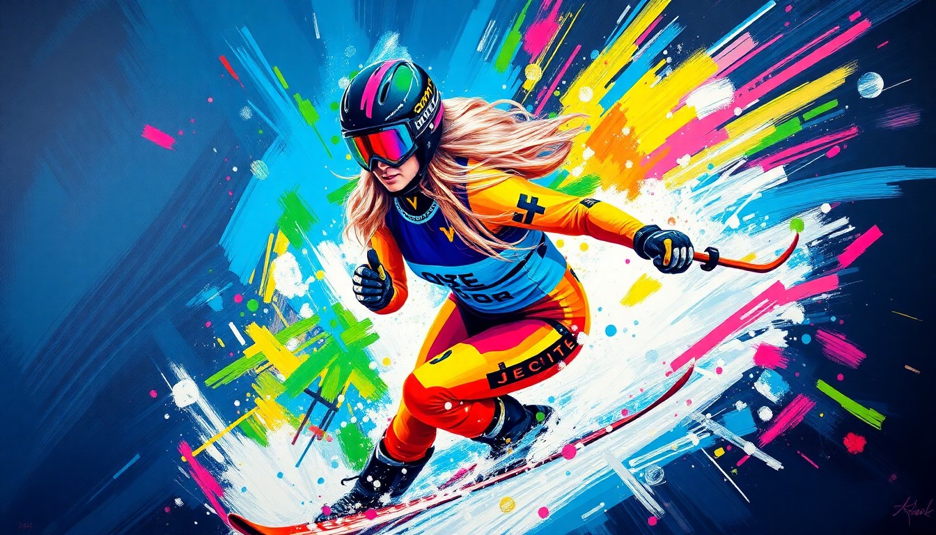An abstract, energetic painting featuring bold, expressive brushstrokes in neon shades of blue, pink, and yellow, capturing the dynamic movement and determination of a skier in motion.