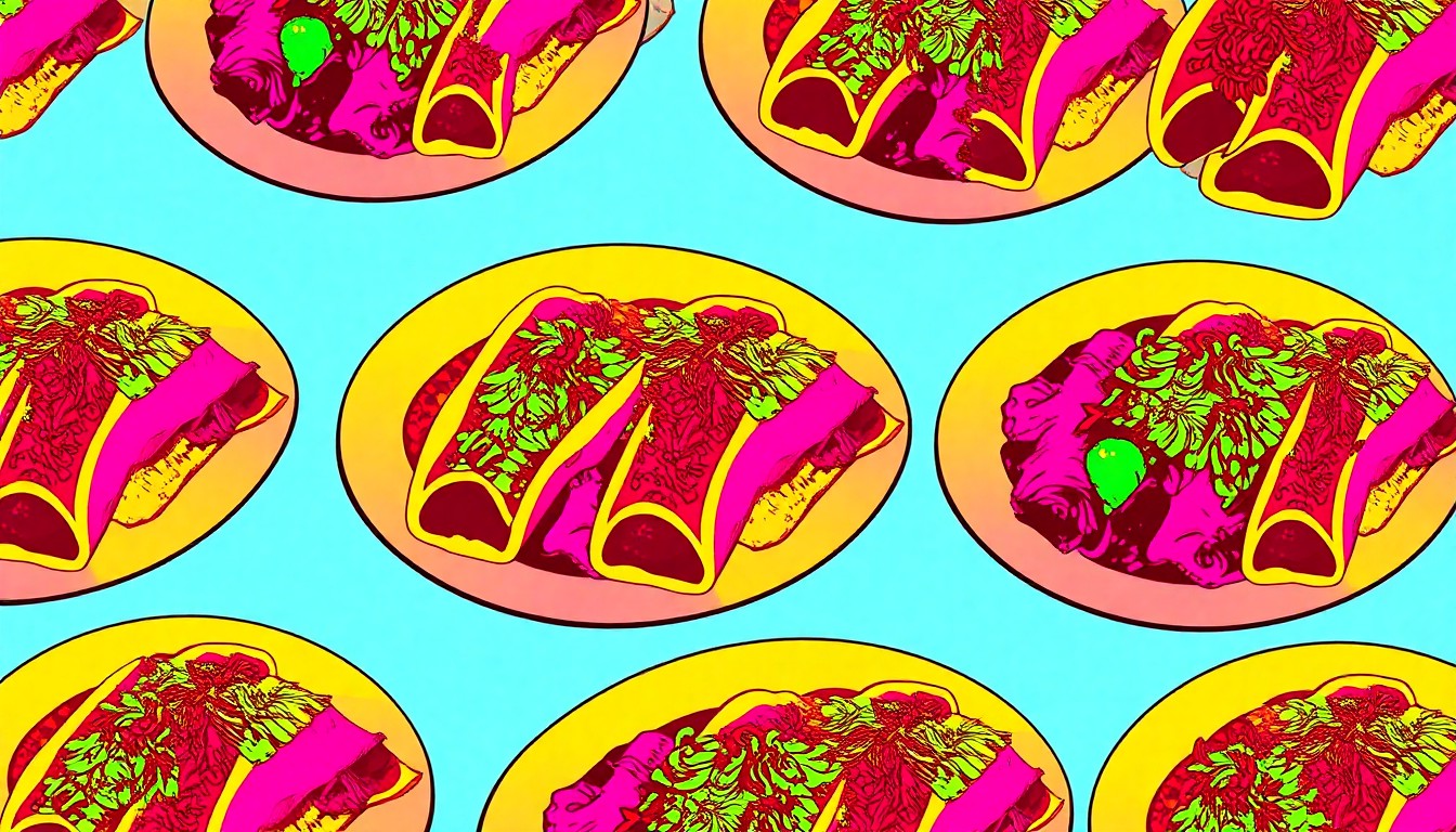A bold, colorful silkscreen-style illustration featuring a repeating pattern of stylized Mexican food items like tacos and enchiladas, capturing the lively energy and modern aesthetic of the new Pablo Restaurant opening in Somers Point.