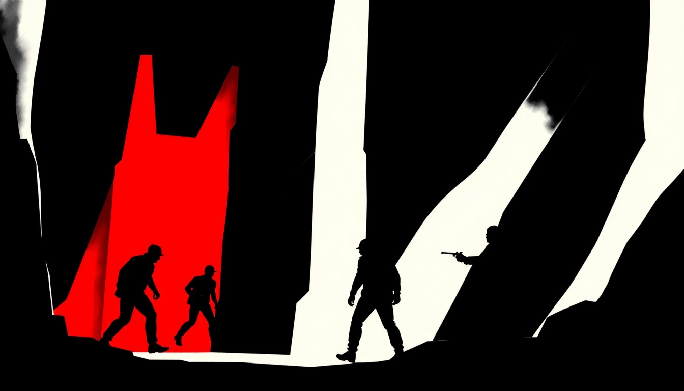 A bold, abstract illustration featuring stark, jagged geometric shapes in high-contrast red and white, conceptually representing the intense sci-fi action and high-stakes prison setting of the Blood & Thunder comic series.