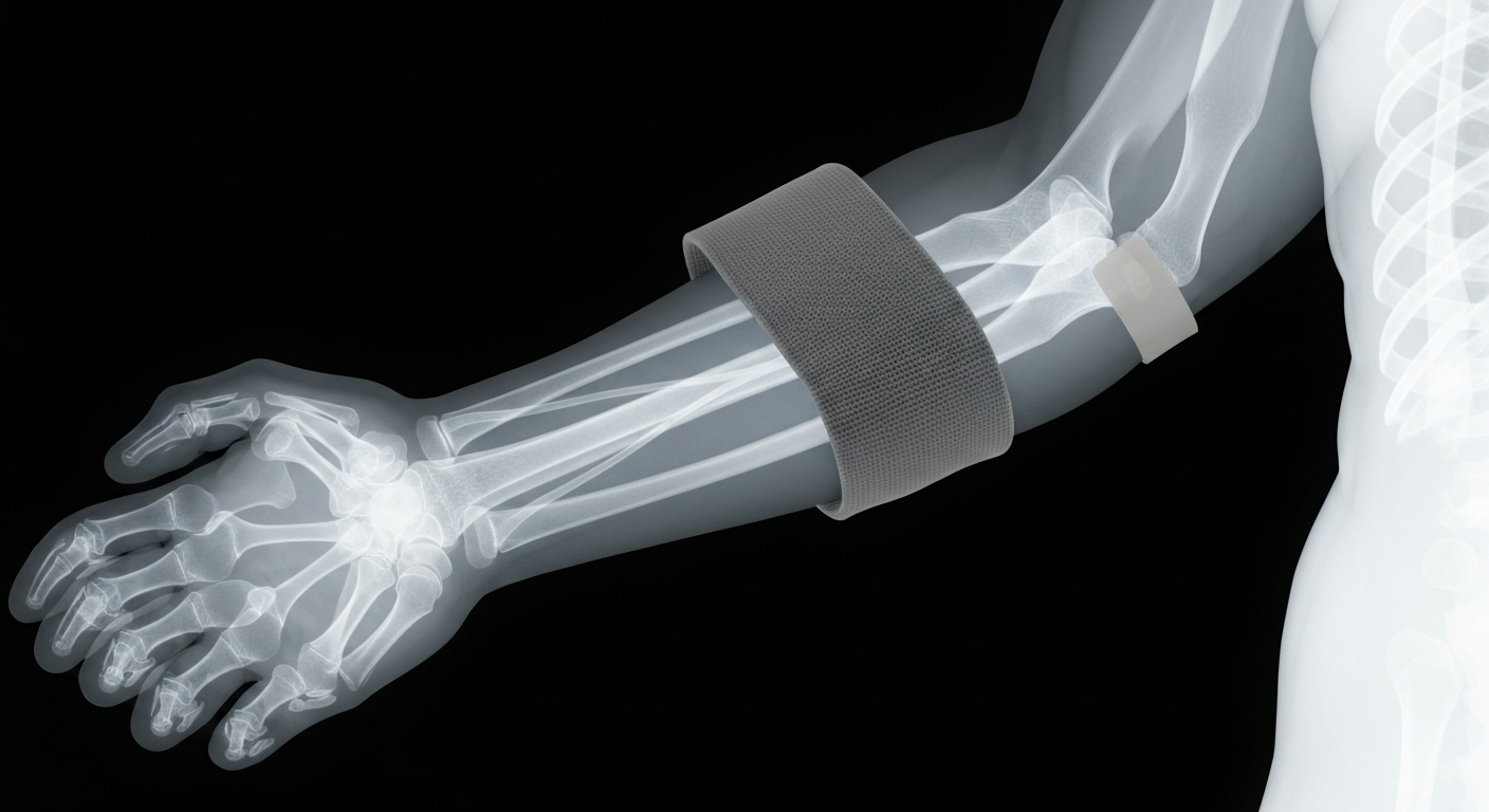 A ghostly, translucent X-ray photograph revealing the internal structures of a human arm with a tourniquet applied, conveying the urgency of emergency medical treatment in rural areas.