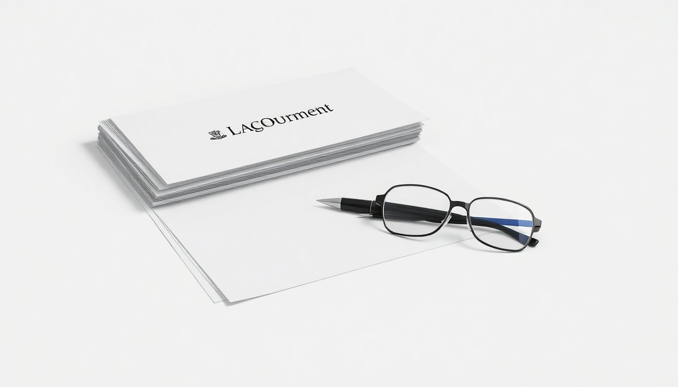 A minimalist studio still life photograph featuring a stack of legal documents, a pen, and a pair of reading glasses, conceptually representing the abstract corporate strategy and compliance issues that Dentons' new employment partner will advise on.