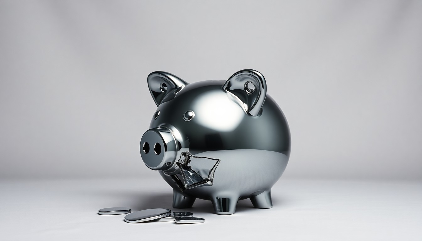 A photorealistic studio still-life photograph of a shattered chrome piggy bank, symbolizing the financial troubles of the QVC and HSN home shopping networks.