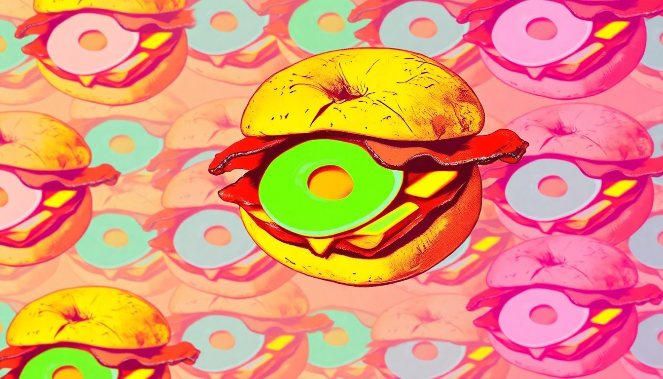 A high-contrast silkscreen print featuring a repeating grid of a Decker's Sourdough Bagel topped with bacon, egg, and cheese, rendered in a vibrant, neon color palette with heavy black outlines, conceptually representing the brand's artisanal approach to classic breakfast fare.