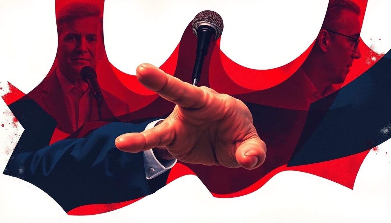 A dynamic, abstract painting of a politician's hand reaching towards a microphone, repeated in overlapping, geometric waves of deep red, navy blue, and gold, conveying the heated rhetoric and partisan divisions surrounding recent misconduct scandals in Congress.
