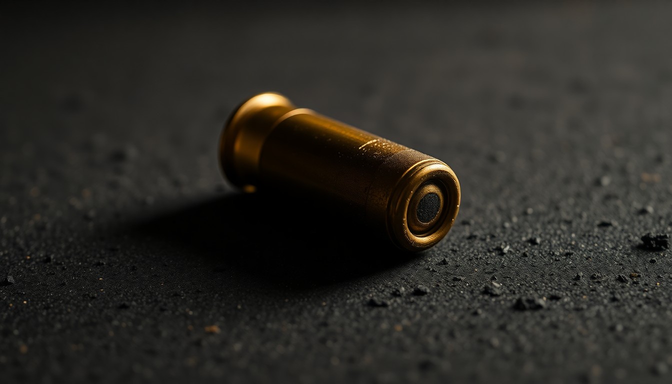 An extreme close-up of a single spent shell casing on a dark, textured surface, creating a stark, gritty, investigative aesthetic through the use of harsh, direct flash lighting.