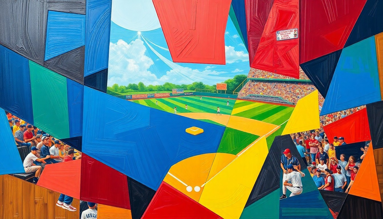 A cubist, geometric painting depicting the action of a college baseball game, with sharp, overlapping planes of color representing the players, field, and stadium.