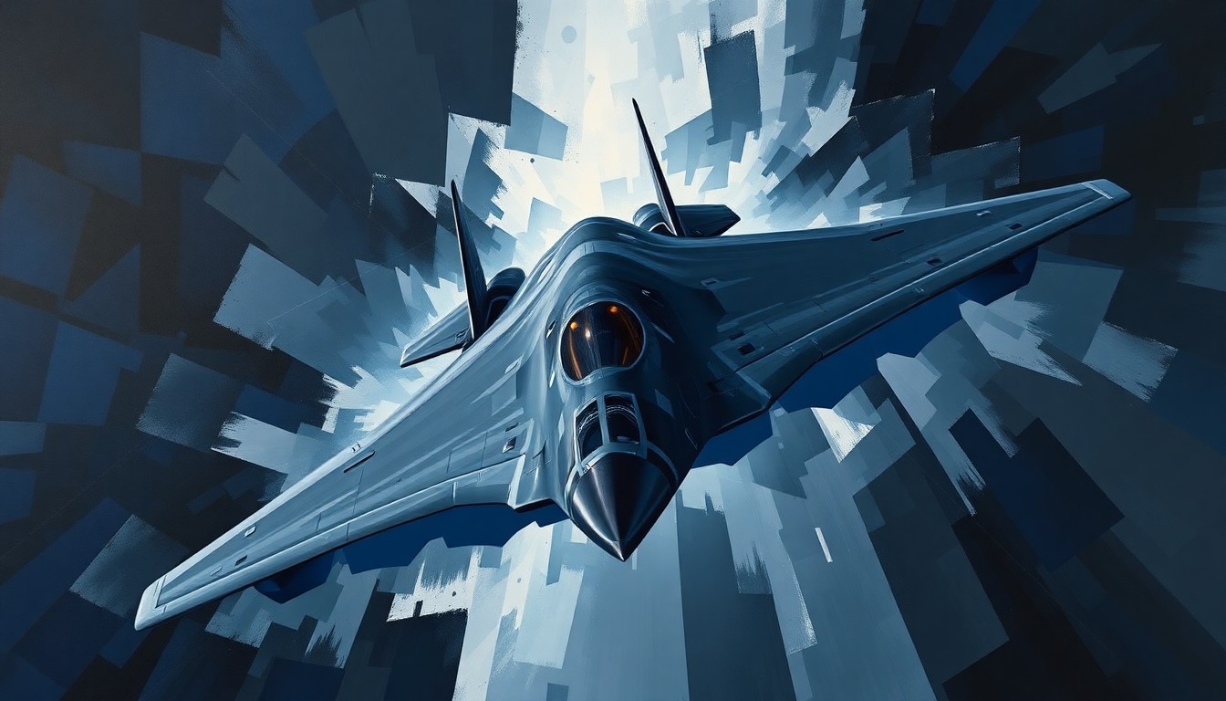 A dynamic, abstract painting depicting a B-21 Raider bomber in flight, with the aircraft's form repeated in overlapping, fractured, geometric waves of dark blue, grey, and metallic tones, conveying a sense of speed and power.