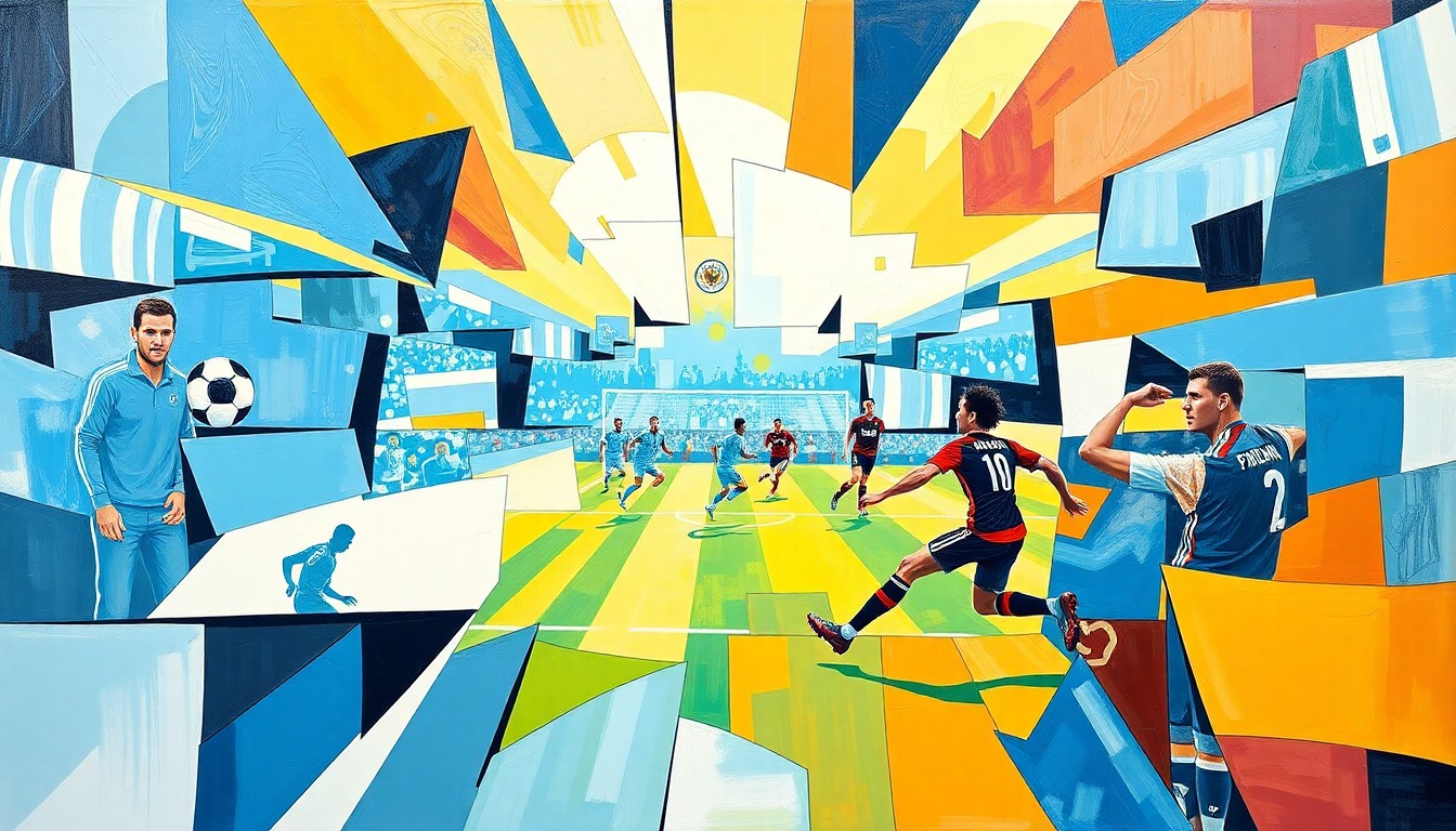 A cubist, geometric painting depicting a fragmented soccer match, with overlapping planes of light blue, white, and contrasting colors representing the teams in action.