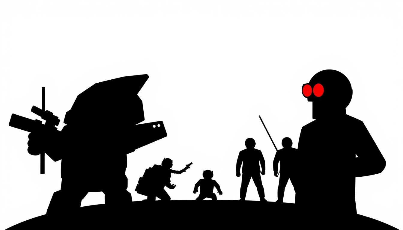An abstract, minimalist illustration featuring stark black silhouettes of iconic 'Spaceballs' characters and shapes against a high-contrast red and white background, conceptually representing the comedic sci-fi elements of the franchise.