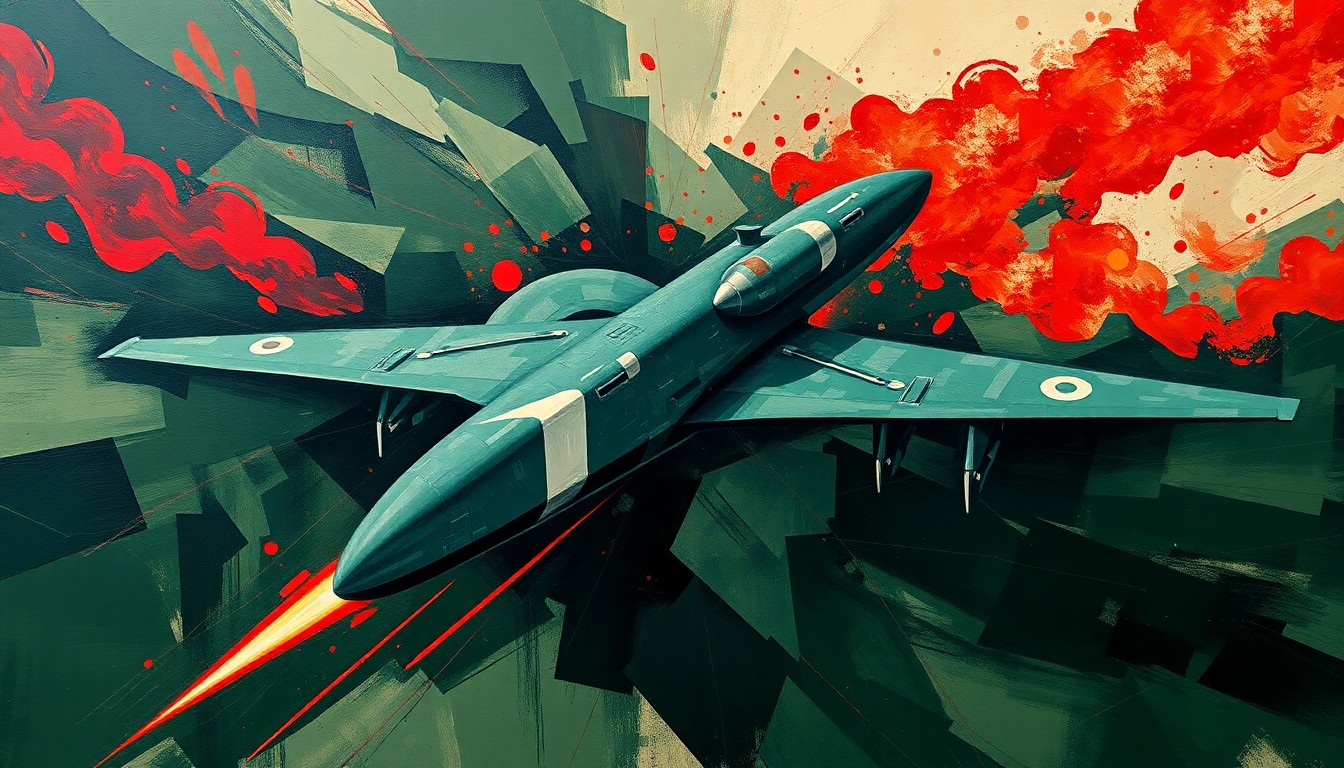 An abstract, fragmented painting depicting a military drone or missile in overlapping geometric shapes and waves of dark green, gray, and red, conveying a sense of urgency and industrial mobilization.