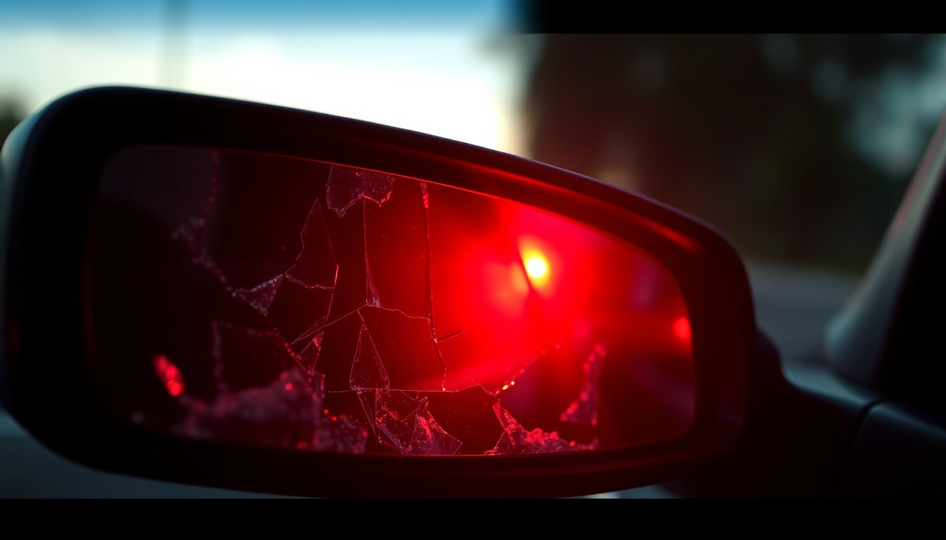 An extreme close-up photograph of a shattered car side mirror reflecting a faint red light, conceptually illustrating the aftermath of a hit-and-run collision.