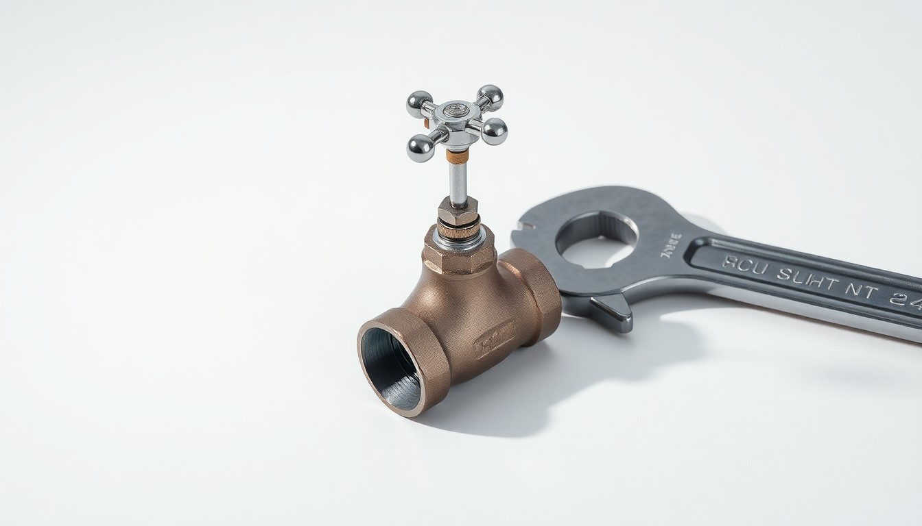 A photorealistic studio still life featuring a polished metal water pipe fitting, valve, and wrench arranged elegantly on a clean white background, conceptually representing utility infrastructure and water delivery.
