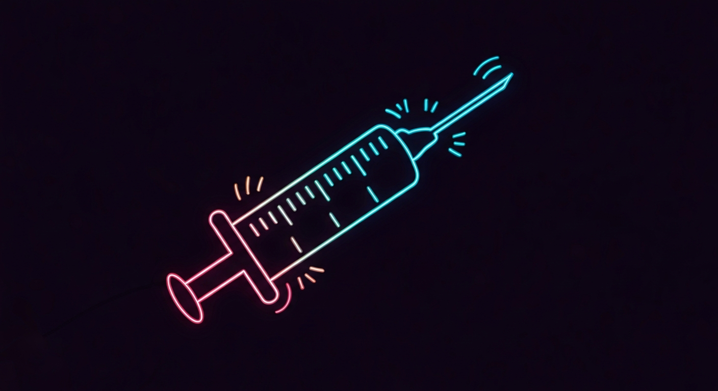 A glowing, vibrant neon outline of a syringe or pill bottle set against a dark background, conceptually representing the need for transparency and accountability in the 340B drug pricing program.