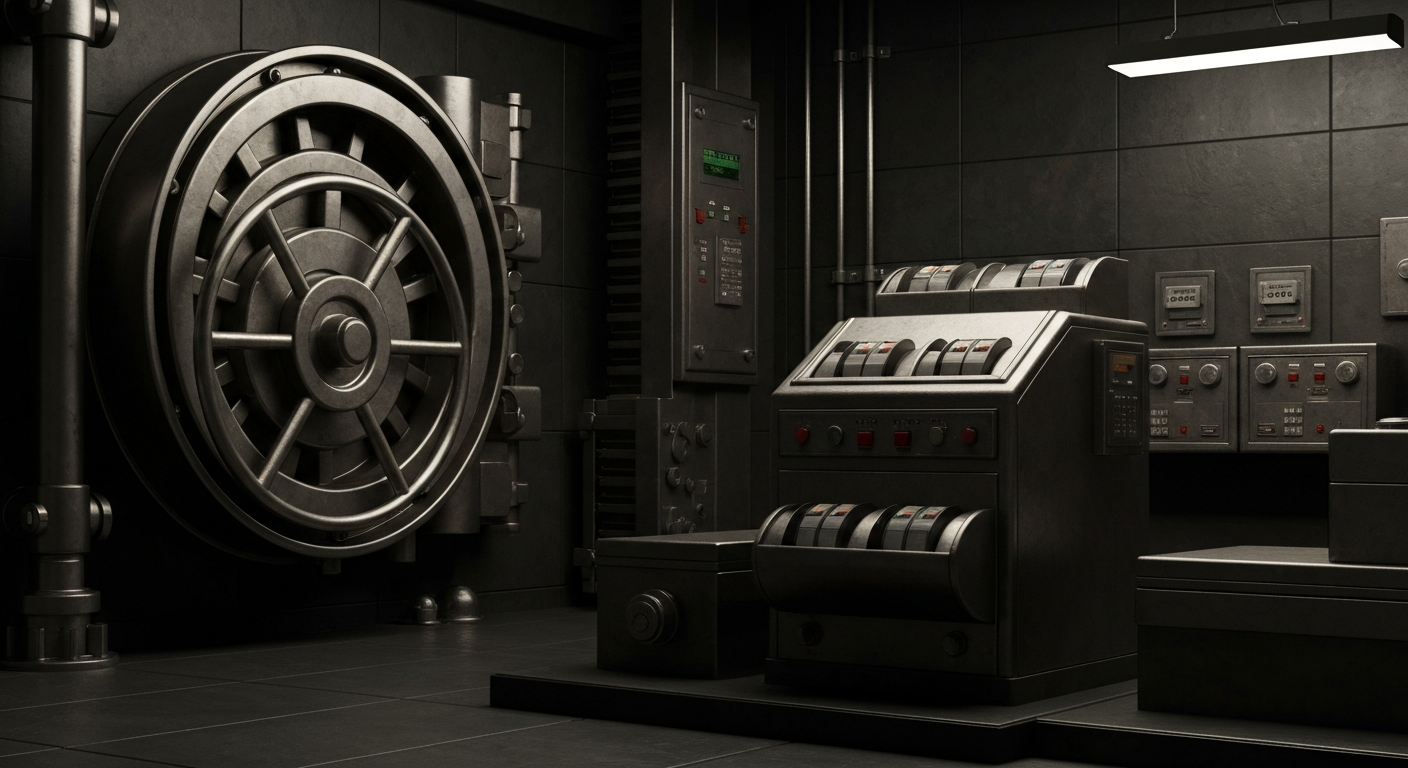 An extreme close-up of a heavy, polished metal vault door with intricate mechanisms, casting dramatic shadows and highlights, representing the secure, industrial nature of Home BancShares' banking operations.