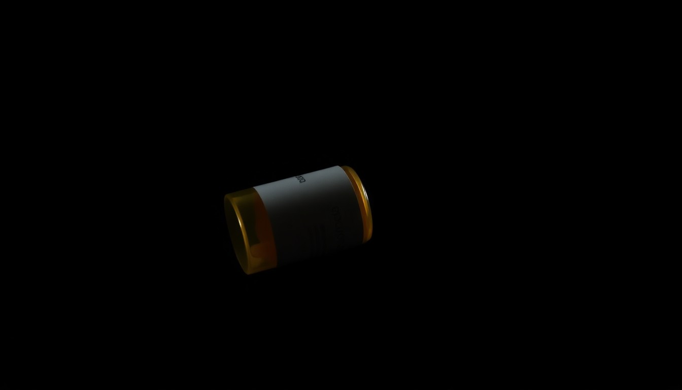 An extreme close-up photograph of a prescription pill bottle against a stark, black background, the harsh flash highlighting the bottle's texture and material details in a gritty, investigative style.