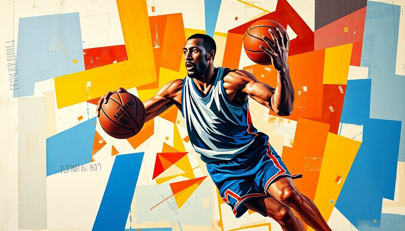 A fragmented, geometric painting depicting the motion and energy of a basketball player blocking a shot, with sharp, overlapping planes of color and form.