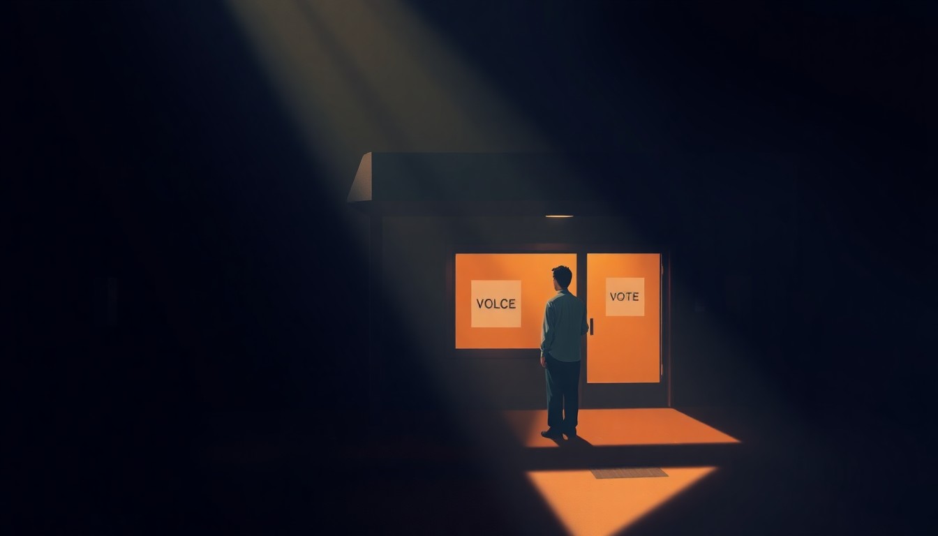 A photorealistic painting of a single voter standing alone in front of a nondescript polling place, the scene bathed in warm, dramatic lighting and deep shadows, capturing the quiet contemplation and uncertainty of the electoral process.