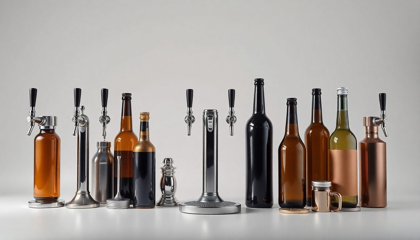 A high-end, photorealistic studio still-life photograph featuring a collection of premium, polished metal beer taps, bottles, and other brewing equipment arranged elegantly on a clean, monochromatic background, conceptually representing the business strategy and market trends of the craft beer industry.