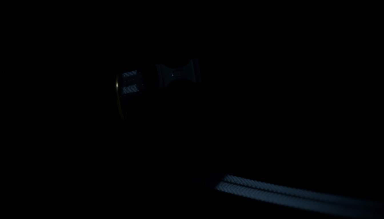 An extreme close-up of a dog's collar or leash against a stark black background, conveying the sudden, gritty nature of a dog attack on a delivery driver.