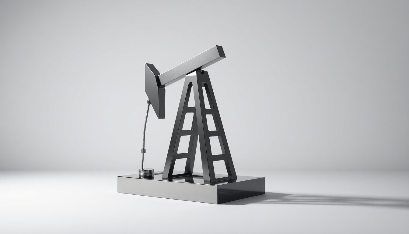 A highly polished, geometric metal sculpture in the shape of a stylized oil pump jack, resting on a clean, monochromatic background and dramatically lit to conceptually represent the abstract financial and operational aspects of the energy industry.