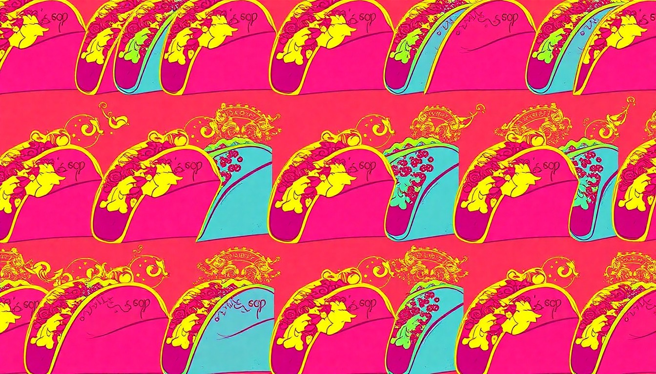 A brightly colored, high-contrast silkscreen print of a burrito repeated in a tight grid pattern, utilizing flat, vibrant neon color palettes and heavy black photographic outlines to transform an everyday Mexican food item into modern pop art.