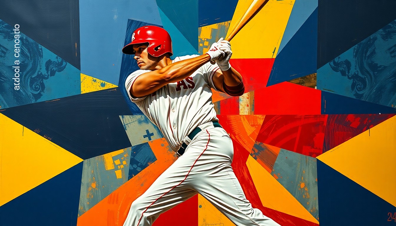 A fragmented, geometric painting depicting a baseball player's batting stance and swing, with sharp planes of navy, crimson, and gold creating a dynamic, multi-perspective composition.