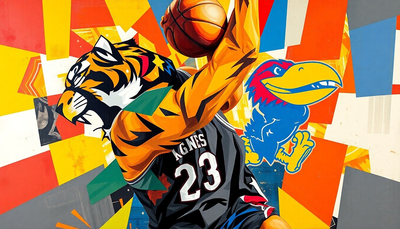 A cubist-style painting depicting a basketball player's defensive block, with sharp, overlapping geometric shapes in the colors of the Missouri Tigers and Kansas Jayhawks.