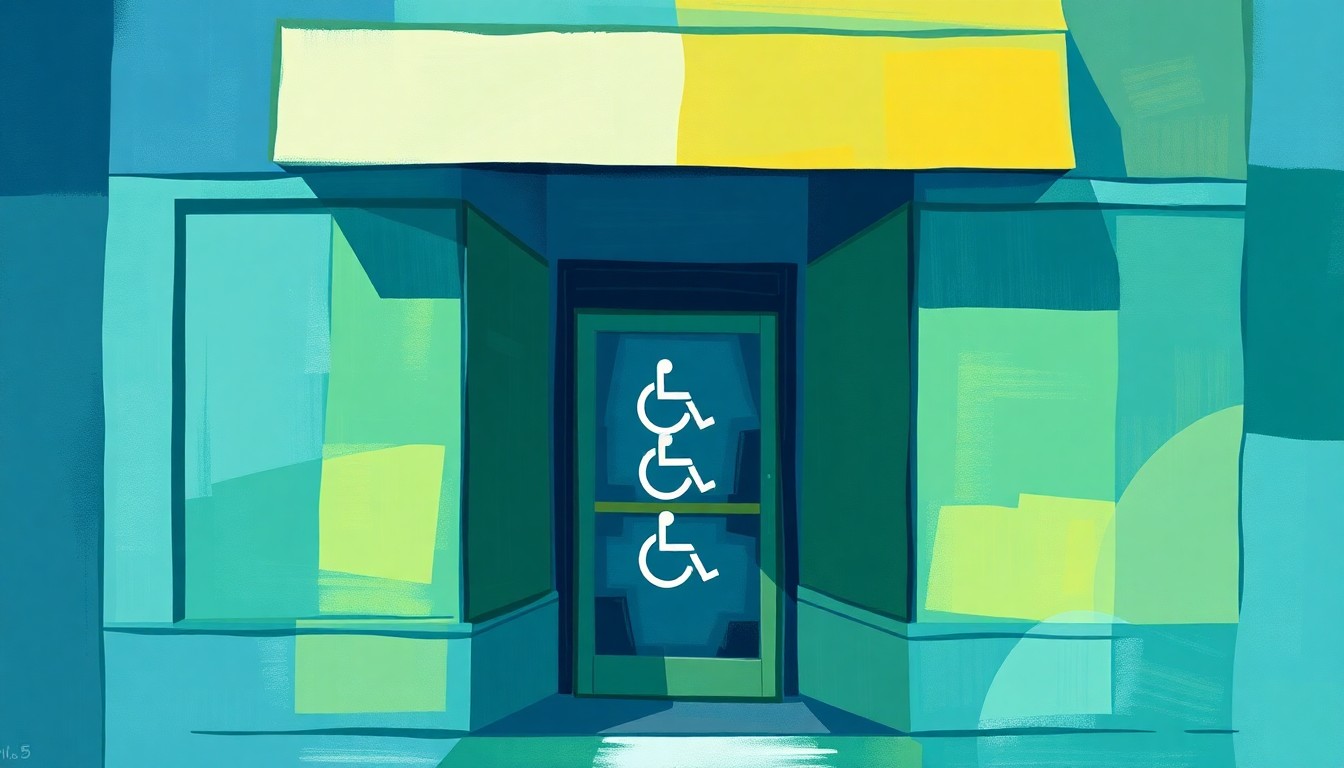 A vibrant, fragmented painting depicting the facade of a small business with a wheelchair symbol on the door, rendered in overlapping geometric shapes and bold colors, conveying a sense of movement and change.