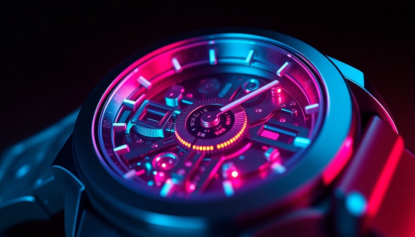A highly detailed, glowing 3D illustration of the internal components and movement of a luxury smartwatch, with neon cyan and magenta lights illuminating the intricate mechanisms, conceptually representing the advanced technology powering these premium devices.