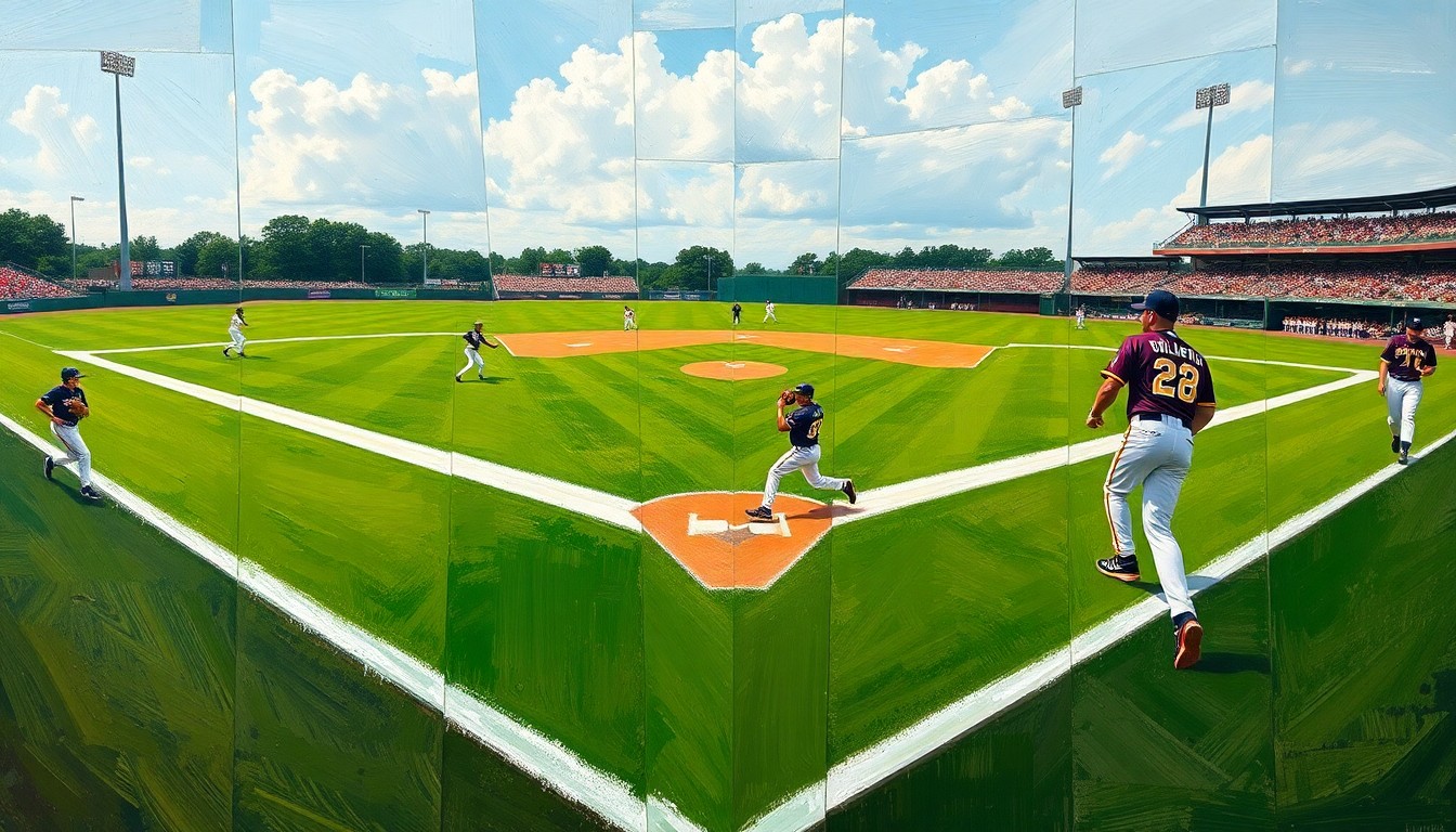 A fragmented, multi-angled painting depicting a college baseball game, with the field, players, and uniforms broken down into sharp, overlapping planes of color and form.