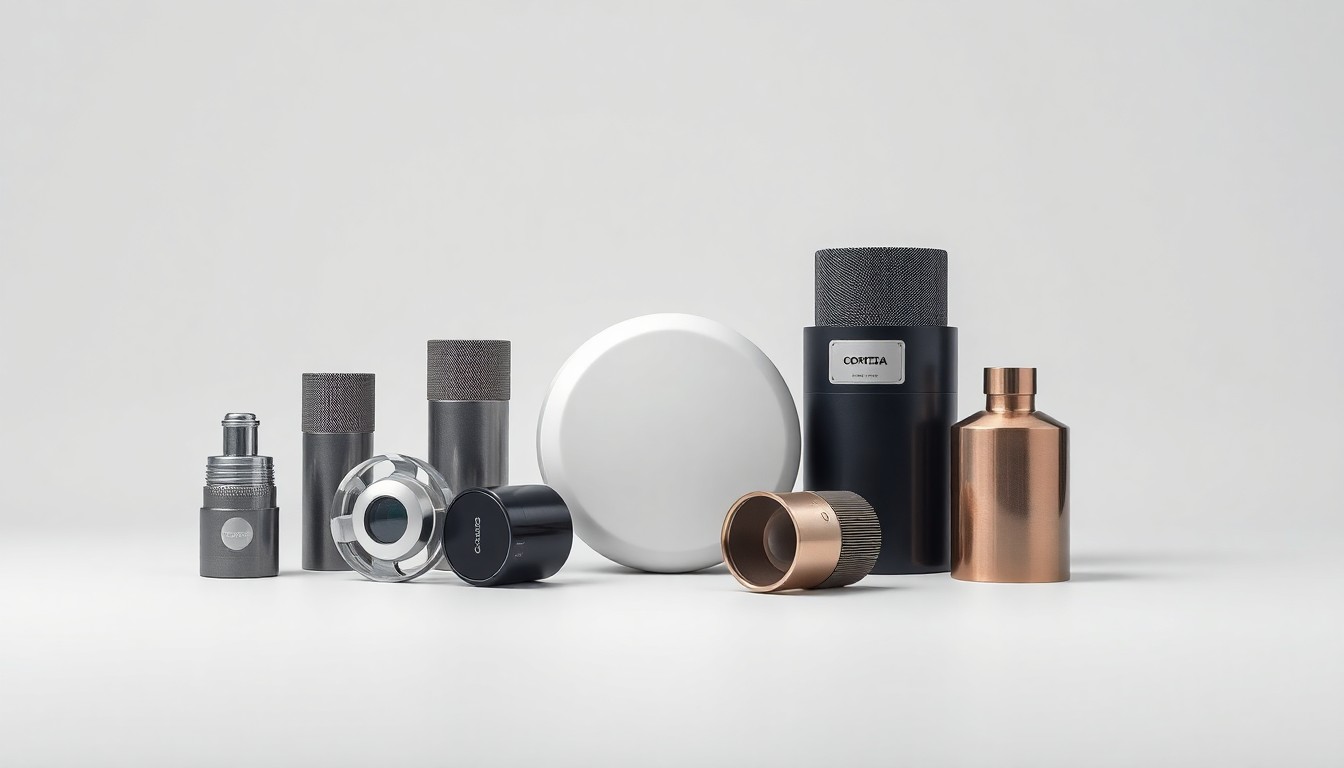 A minimalist, high-contrast studio photograph featuring a carefully arranged composition of sleek, metallic objects against a plain white background, conceptually representing the premium, technology-driven focus of the new Corteva crop protection business.