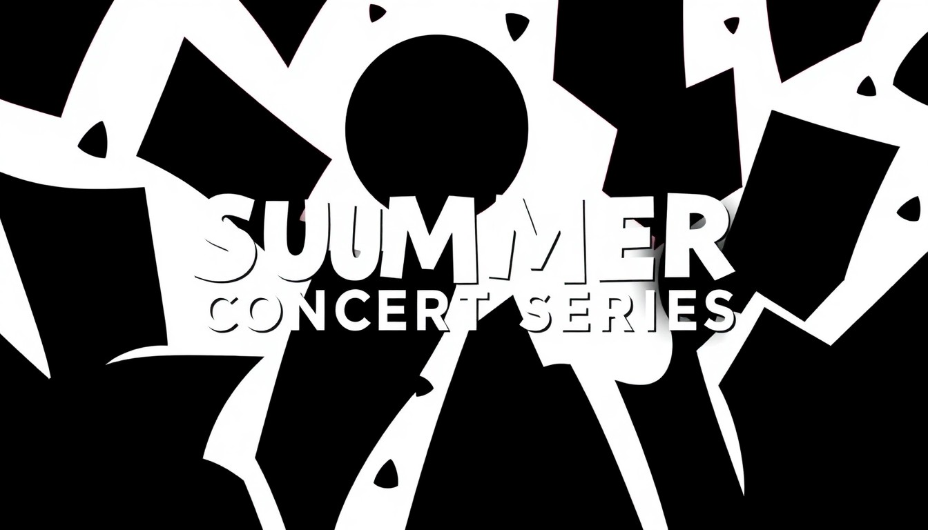 An abstract, minimalist illustration composed of stark black silhouettes and shapes against a white background, conceptually representing the energy and variety of a summer concert series.