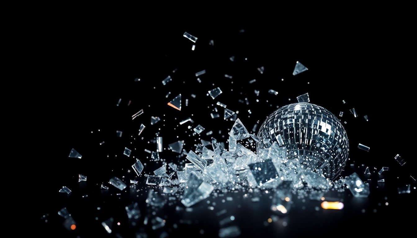 An extreme close-up photograph of shattered, glittering glass fragments against a dark, shadowy background, conceptually representing the energy and drama of Oasis' celebrated reunion tour.