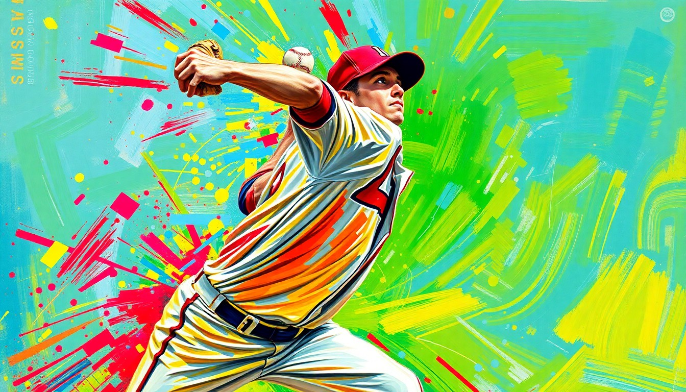 An abstract, energetic painting using rapid brushstrokes and neon colors to capture the motion and intensity of a high school baseball player in action.