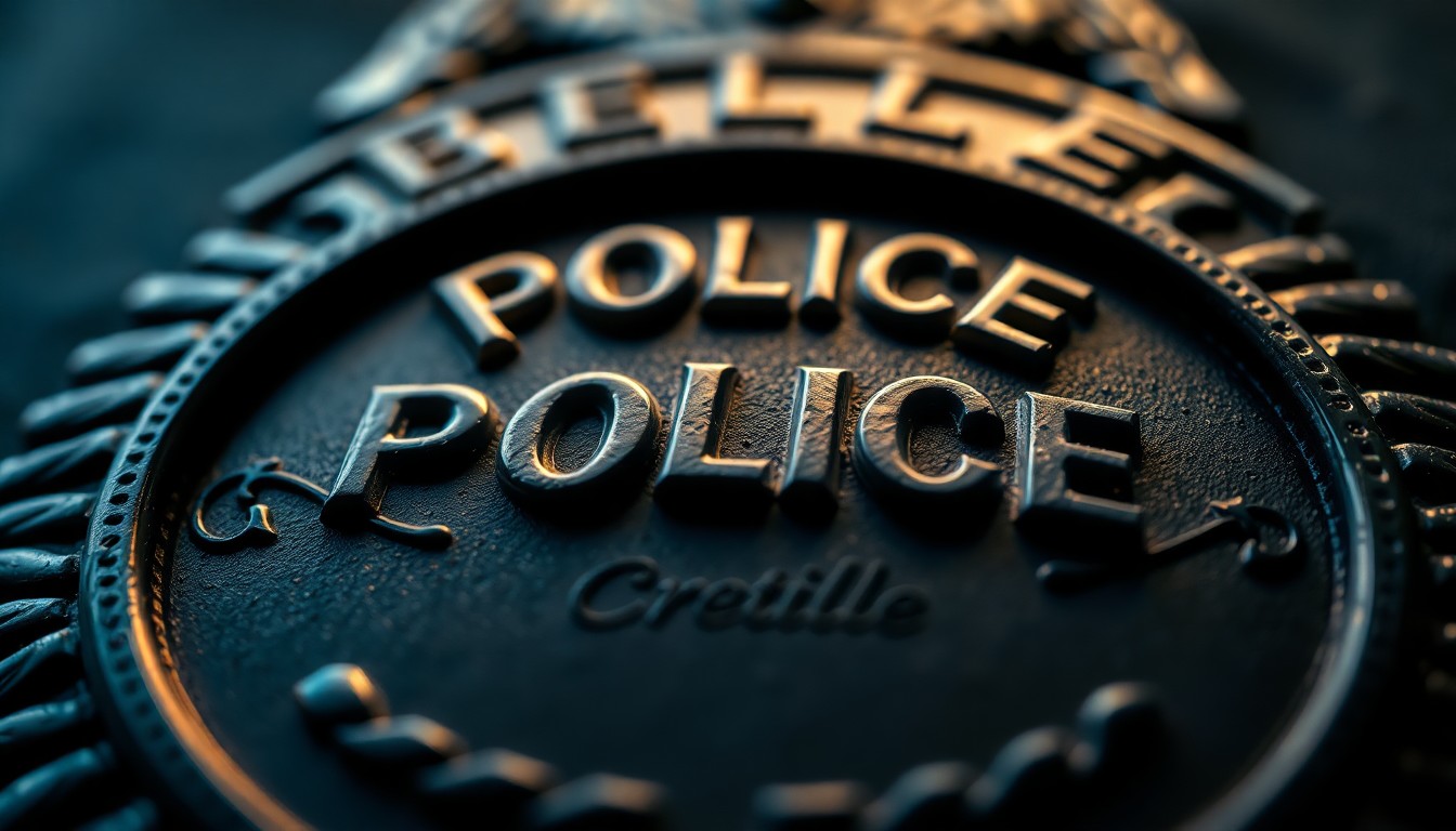 An extreme close-up photograph of a police badge, capturing the metallic shine and detailed emblem in dramatic lighting to convey a sense of authority and responsibility.