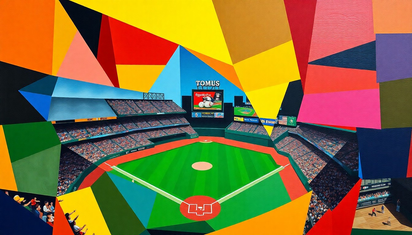 A cubist-style painting featuring overlapping geometric shapes in bright primary colors, conceptually representing the dynamic action and high-stakes drama of a close college baseball game.