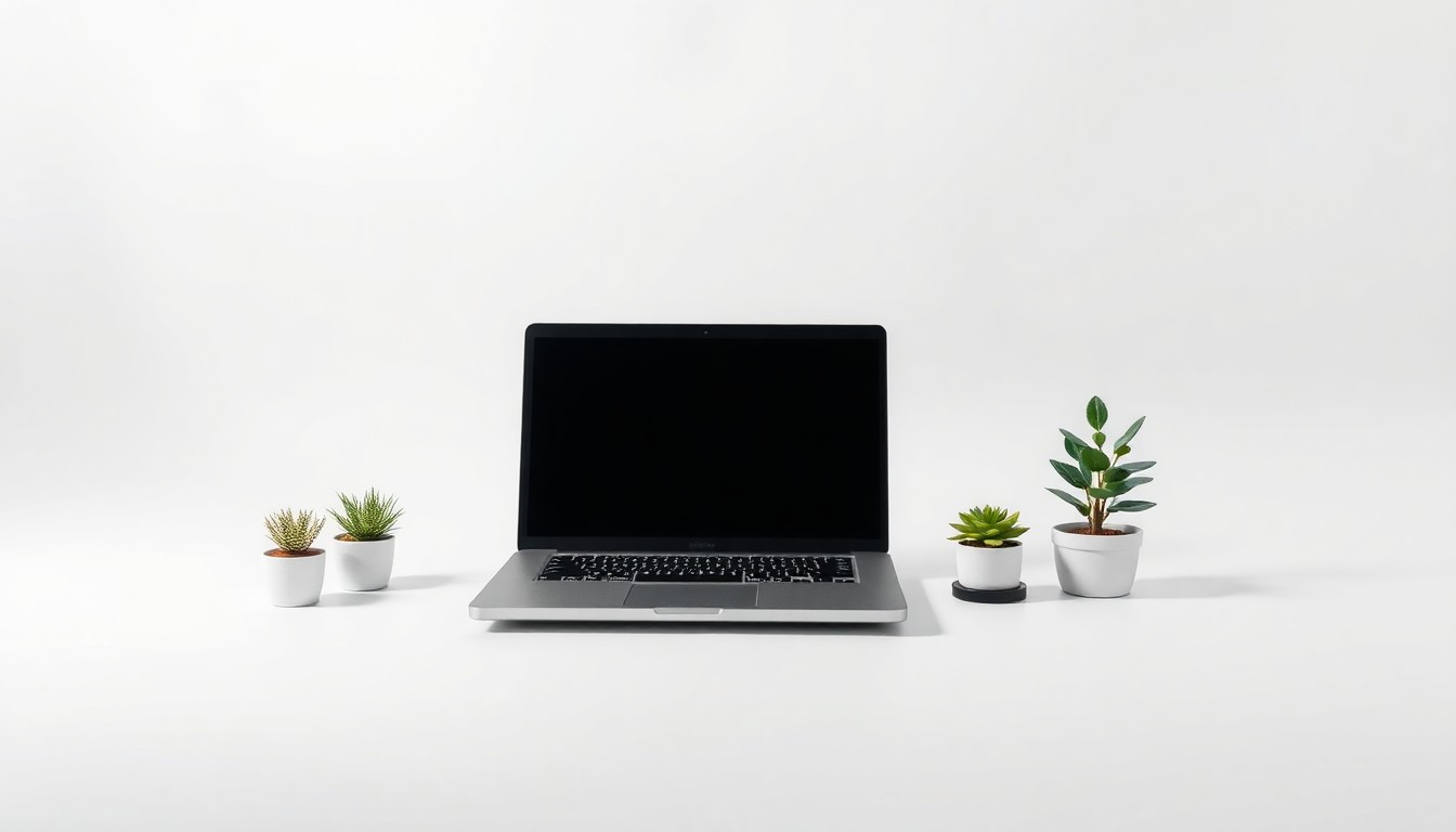 A minimalist studio still life featuring a laptop, a trophy, and small potted plants, conceptually representing the innovation and academic achievement celebrated at the AHA! startup competition.
