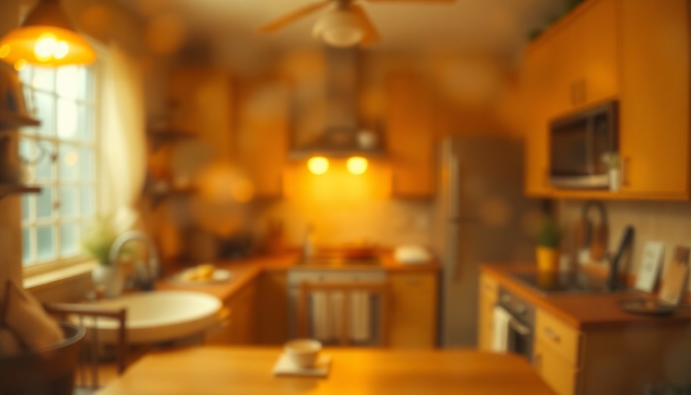 An abstract, impressionistic scene of soft, blurred light and color, evoking the warmth and intimacy of a family kitchen and the sharing of culinary heritage.