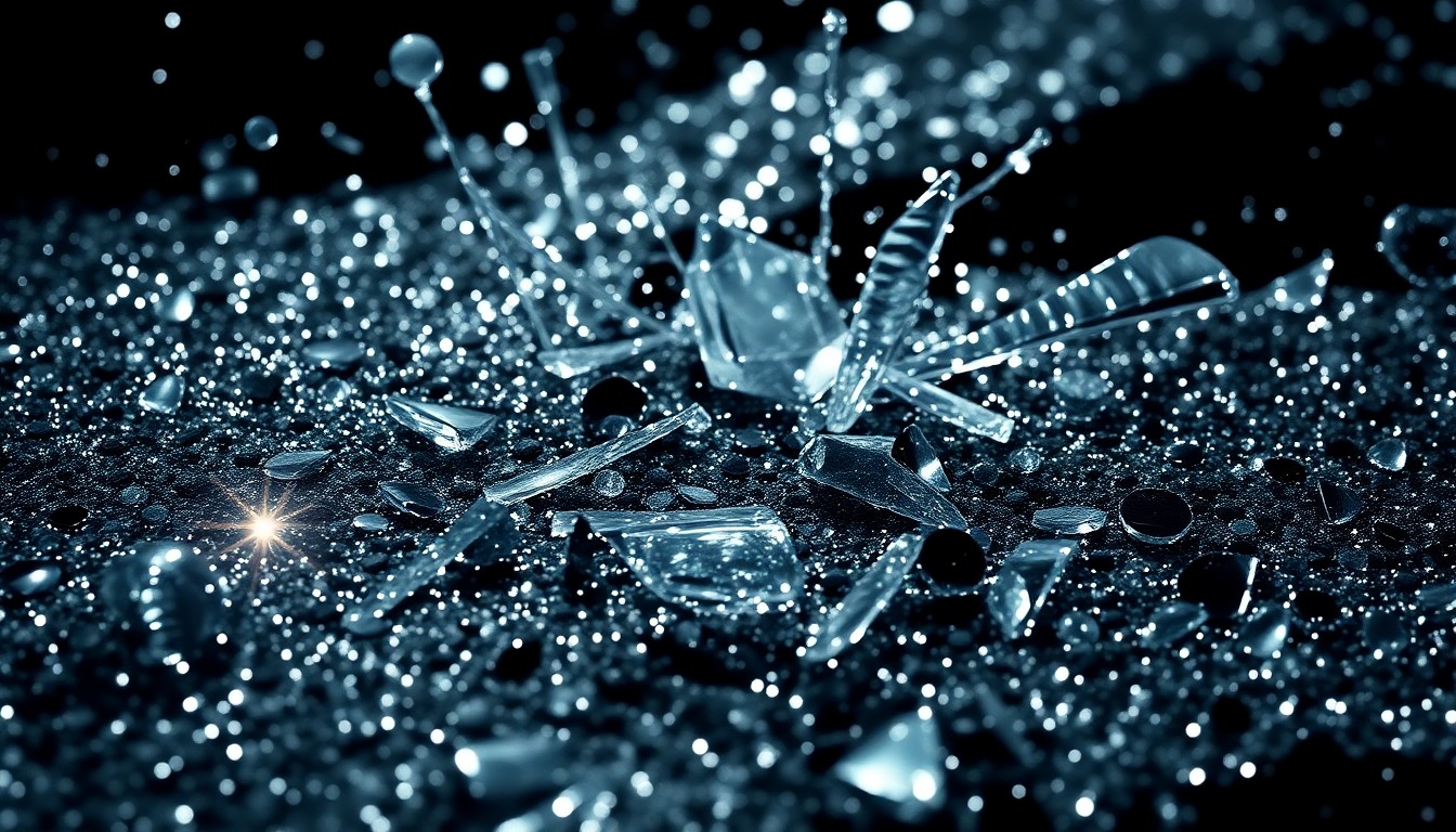 An extreme close-up of shimmering sequins and shattered glass, creating a high-contrast, abstract texture that evokes the glamour and drama of the 'Running Point' TV series.