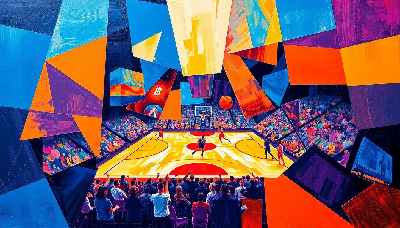 A fractured, multi-perspective painting in bold, vibrant colors that breaks down a basketball game into sharp, overlapping geometric shapes, creating a dynamic and energetic visual representation of the NBA play-in tournament.