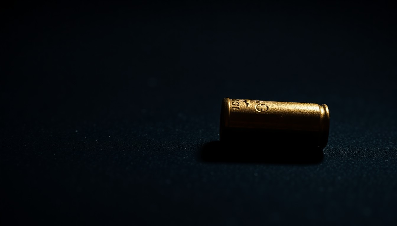 An extreme close-up photograph of a single spent bullet casing on a dark, textured surface, lit by a harsh, direct camera flash, conceptually representing the evidence of a violent crime.