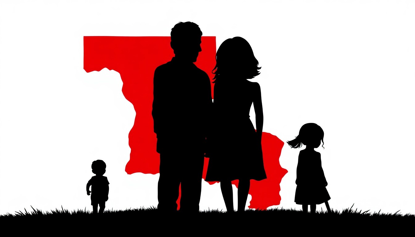 A striking graphic illustration featuring bold, angular black silhouettes representing a family, set against a high-contrast red and white background, conveying the dramatic themes of Layon Gray's new play.