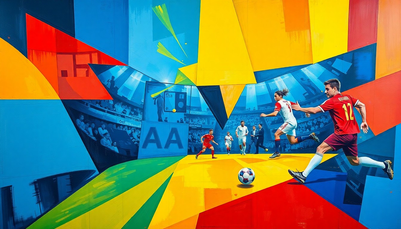A cubist, geometric painting depicting the dynamic motion of a soccer match, with overlapping planes of color representing the players, ball, and field of play.